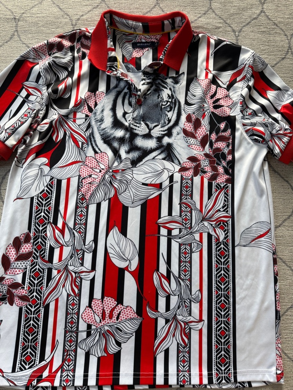 Bold Tiger Print Polo Shirt - Red/Black/White